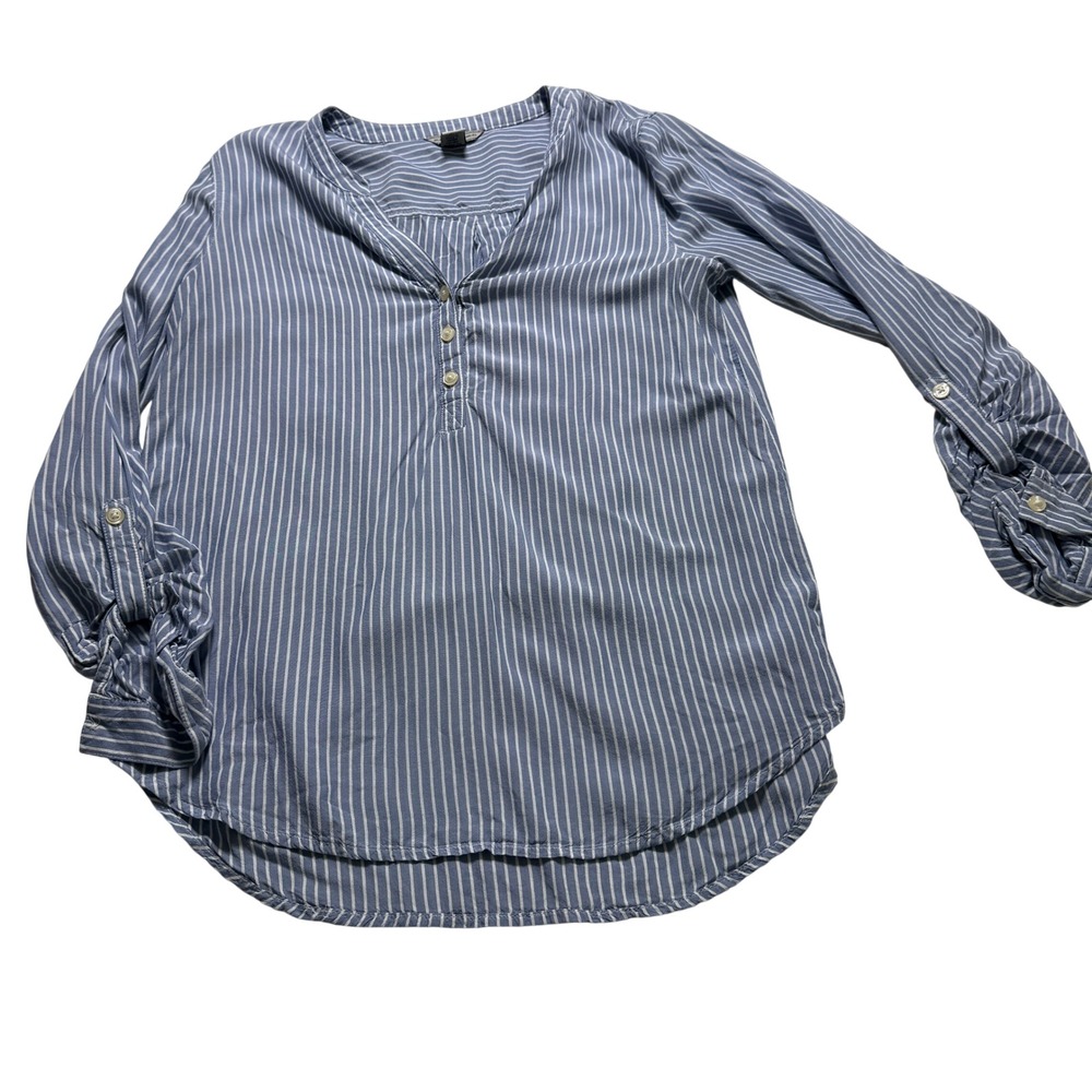 Bass Striped Tunic Blouse Wms M Nautical Blue White Roll-Tab Sleeve‎ Rayon Top